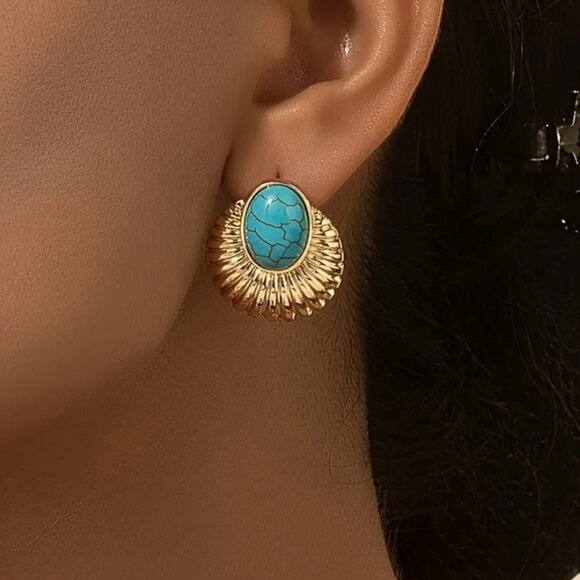 14K Gold Womens Turquoise Gemstone Earrings Ladies New 14 Karat Silver Jewelry - Picture 1 of 5